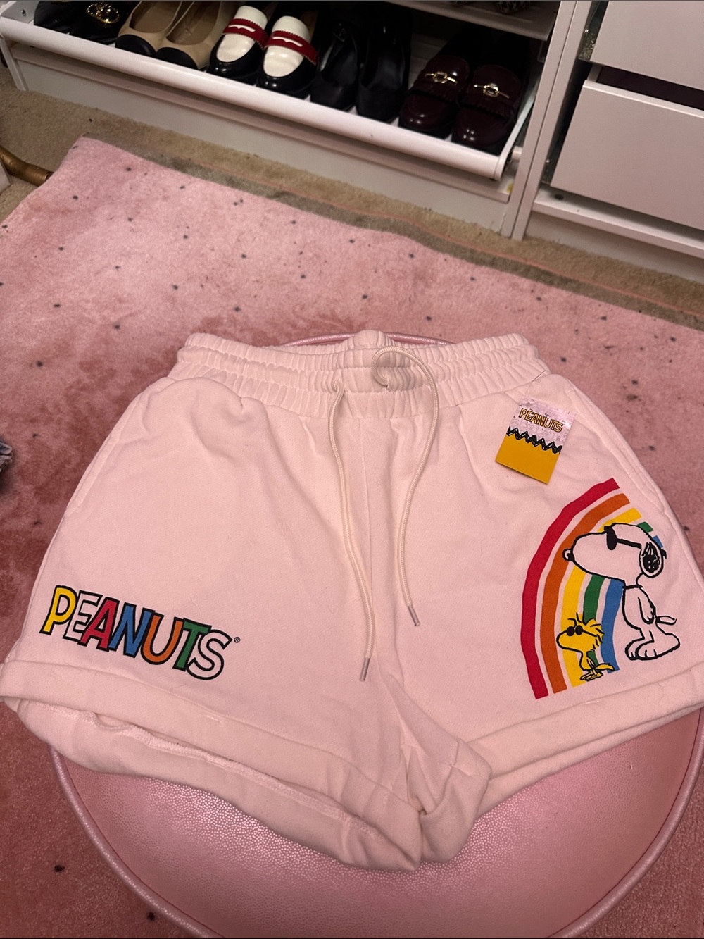 Women’s Peanuts Pink Athletic Shorts with Rainbow Snoopy Graphic, Sz L